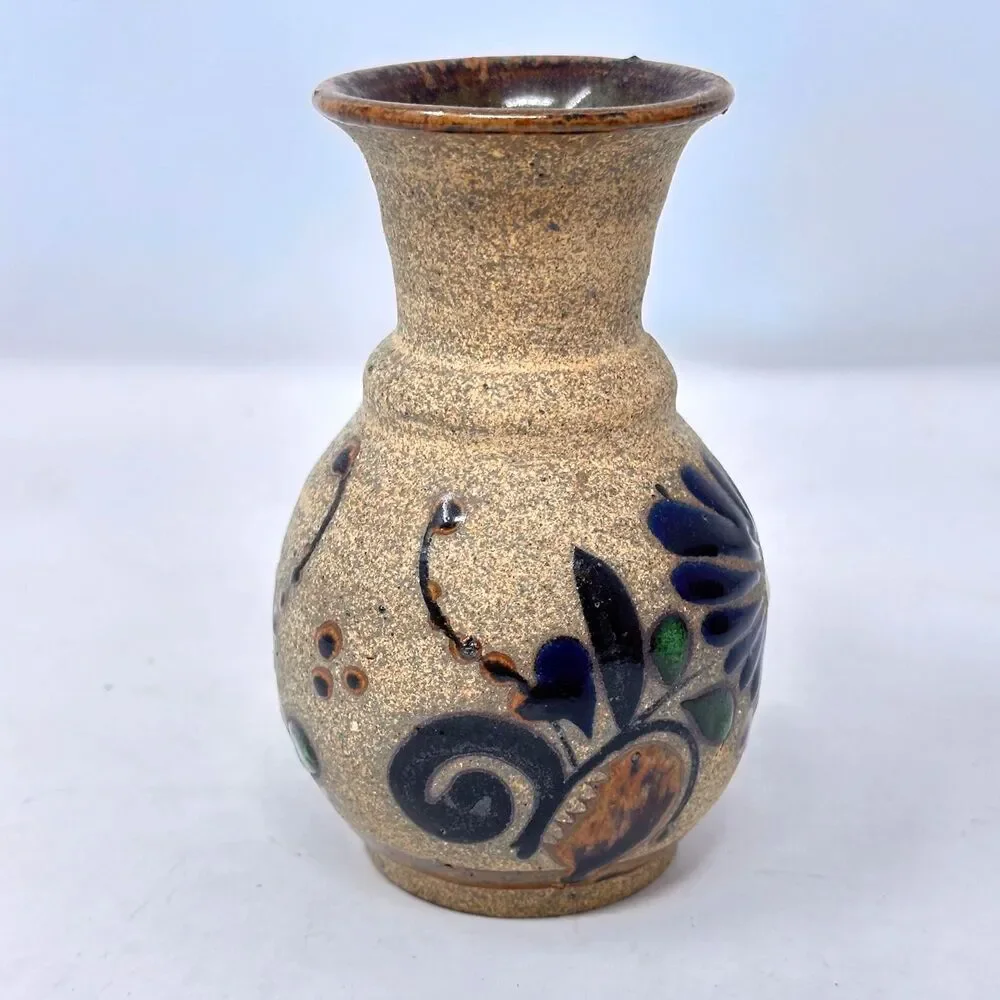 Vintage Tonala Mexican Pottery Vase Signed EM Mex Hand Painted Folk Art 4.75x3